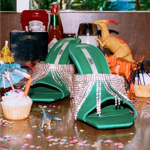 NWT. Zara Green Sparkly Heeled Sandals with Rhinestone Fringe. Size 9. - Picture 3 of 6